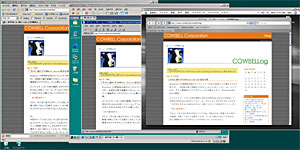 Windows XPマシン上でFirefox1.5（XP版）とIE5.5（98版）とSafariを一緒に表示してみた、の図